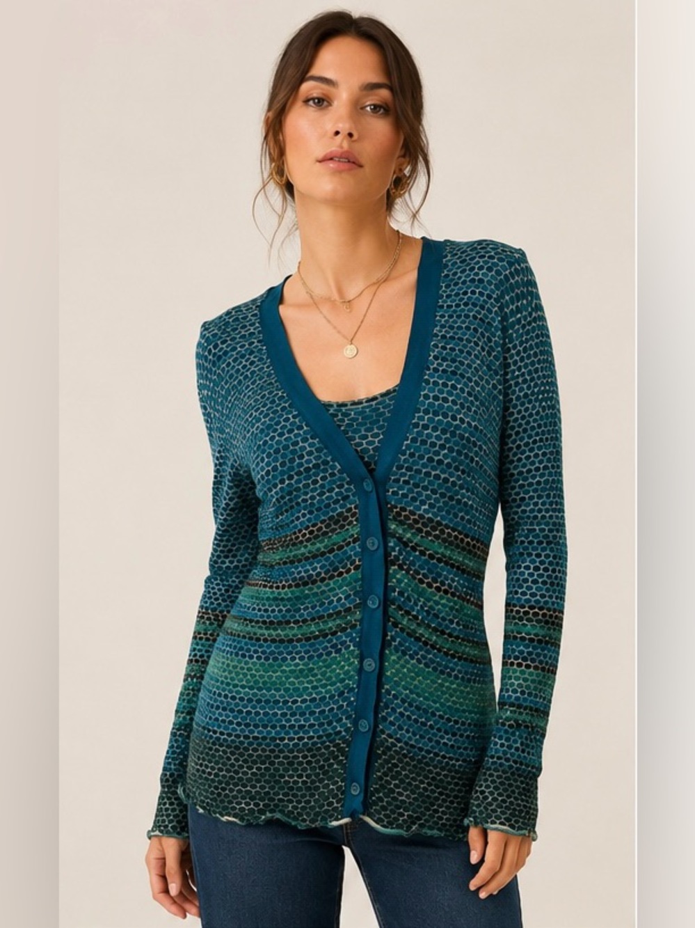 Vintage Missoni Knit Cardigan & Matching Tank Twinset Size 12 Teal Green Blue